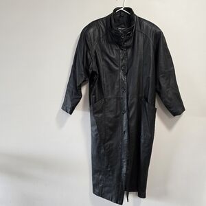 Vintage Pelle Black Long Button Up Leather Trench Coat Size Large